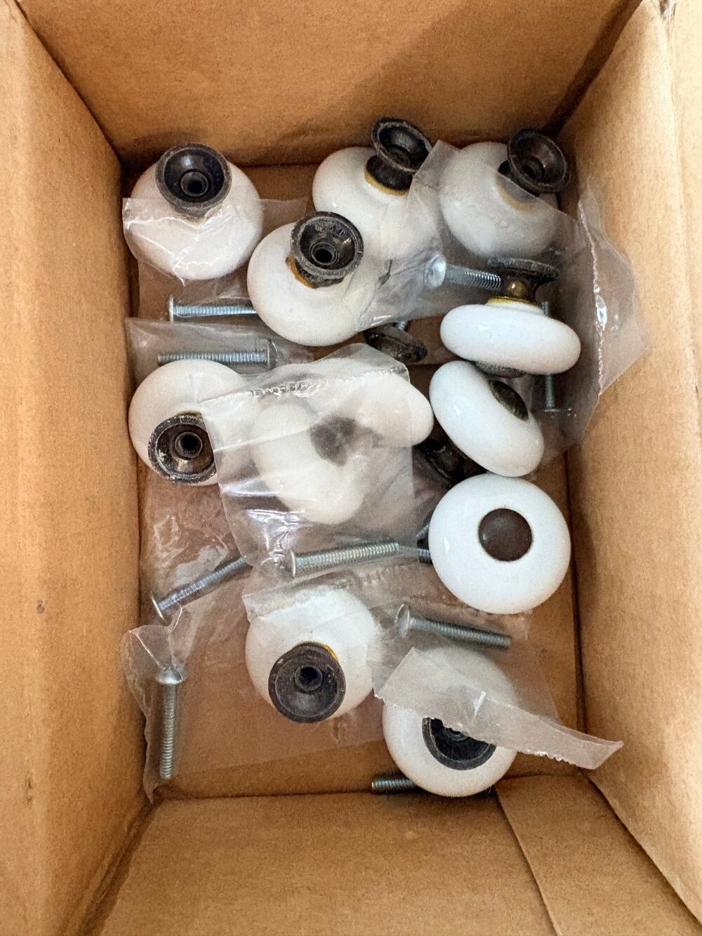 Vintage Lot of 12 White Ceramic Cabinet Knobs Drawer Pulls Dark Metal Hardware